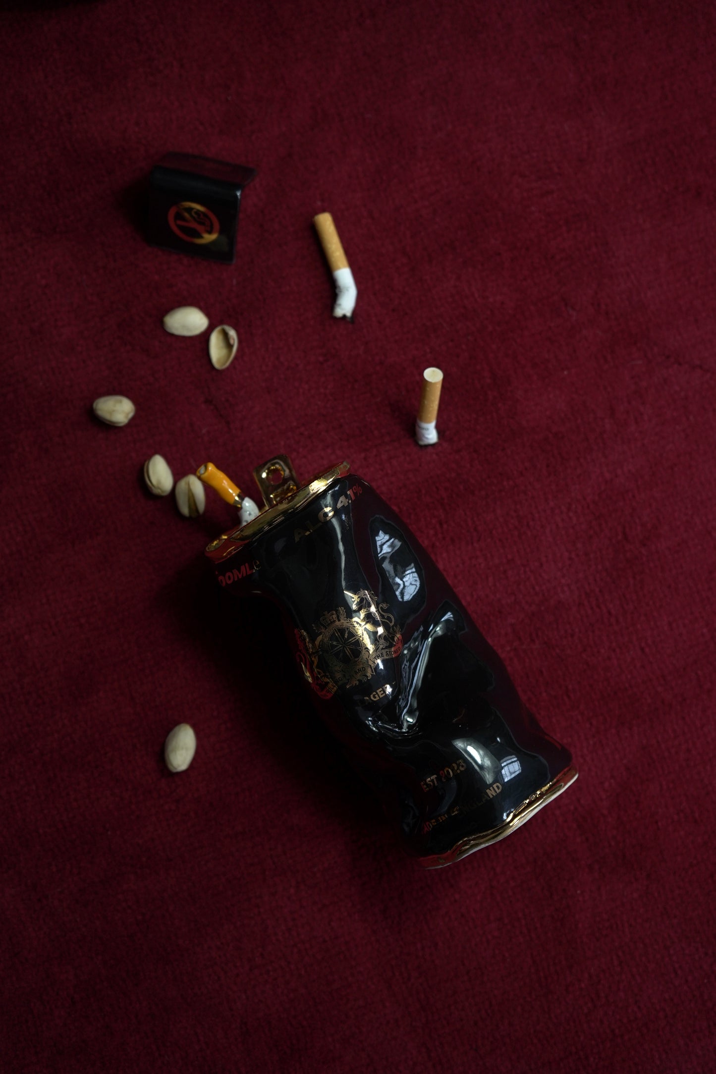 GOLDEN STUBBED OUT CIGGY BEER CAN